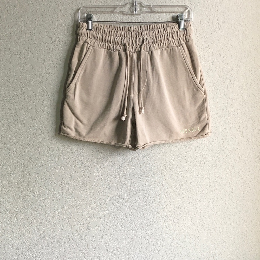 YoungLA Cotton Terry Pull On Shorts Tan Beige Medium Workout Lifting High Rise
